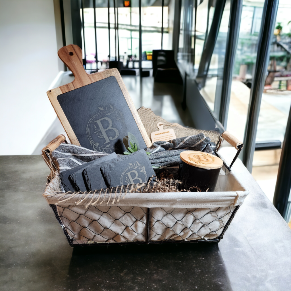Slate and wood personalized cutting board and gift basket - Triple Dog ...